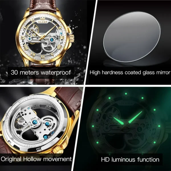OLEVS Luxury Men Watches Automatic Mechanical Wristwatch Skeleton Design Waterproof Leather Strap Male Watch Reloj Hombre - Image 6