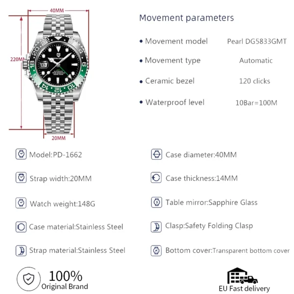 PAGANI DESIGN PD-1662 Luxury GMT Men Mechanical Wristwatch Sapphire Glass Stainless Steel 100M Waterproof Automatic Watches - Image 2