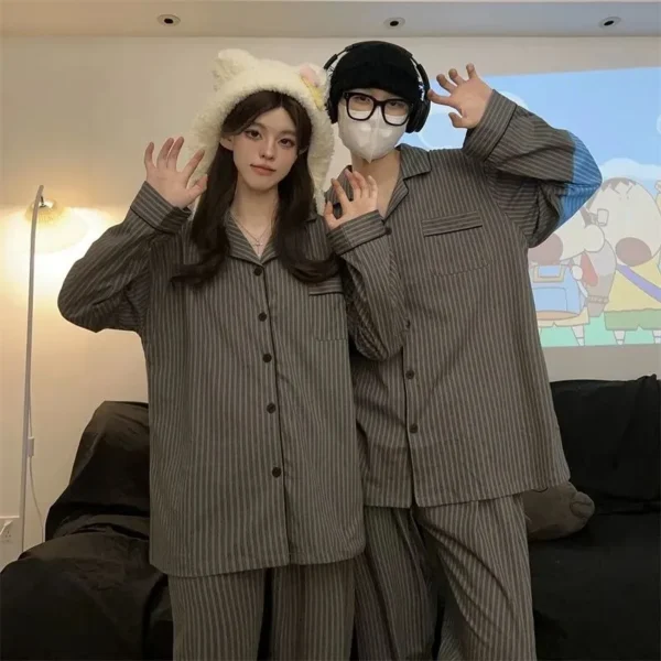Couple Pajamas for Men Striped Sleepwear Korean Sleeping Night Wear Button Pijama 2 Pcs Pants Sets Autumn Pocket Home Suit 2024 - Image 6