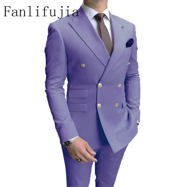 Fanlifujia Store 2024 Casual Sky Blue Men Suits Double Brested Peak Lapel Gold Button Groom Wedding Tuxedos Best Costume Homme - Image 3